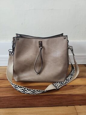 Sam & Hadley Shoulder Bag Macrame Strap Beige Vegan Leather Hobo Studded